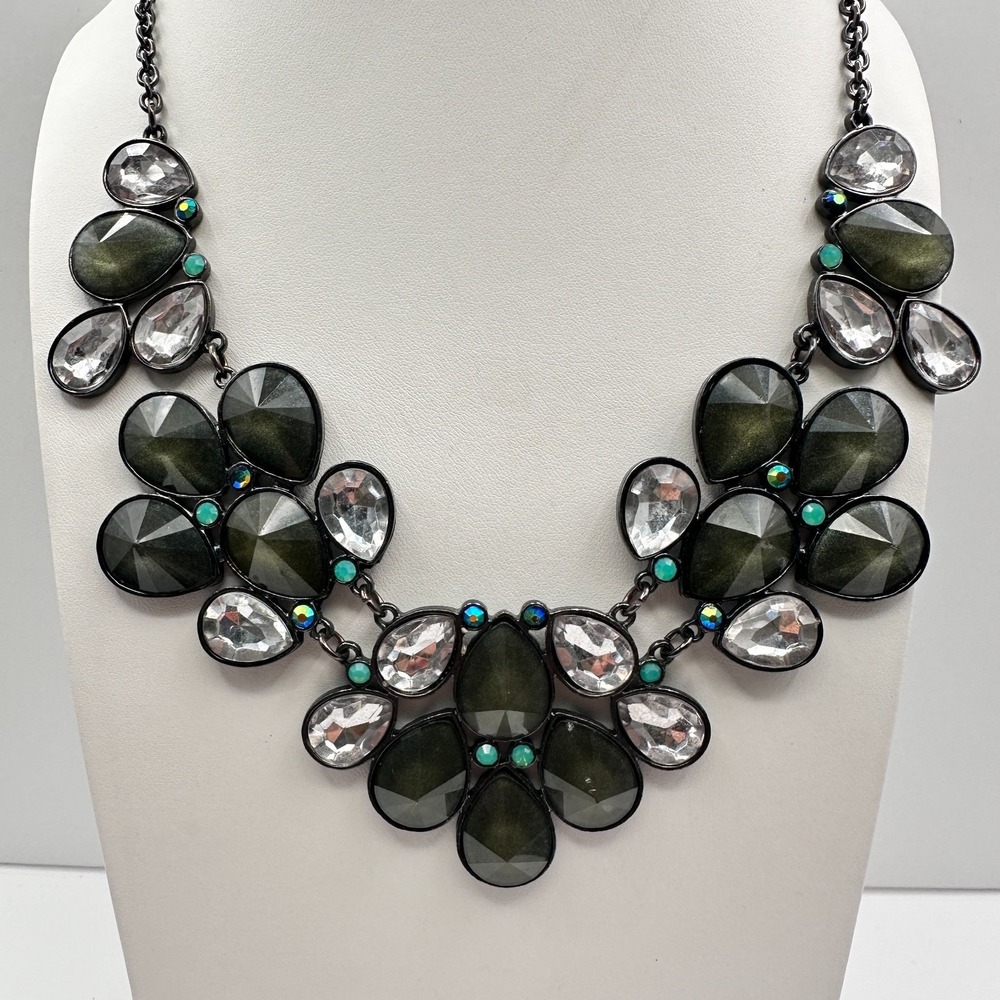 Vintage 90s Y2K Statement Necklace Boho Teardrop Green Clear Crystal Jewelry Y2K